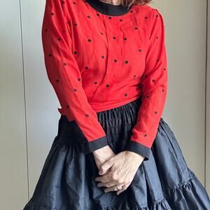 Vintage 80s Womens blouse Red/Black Polka Dot Size Small Career Business Twee